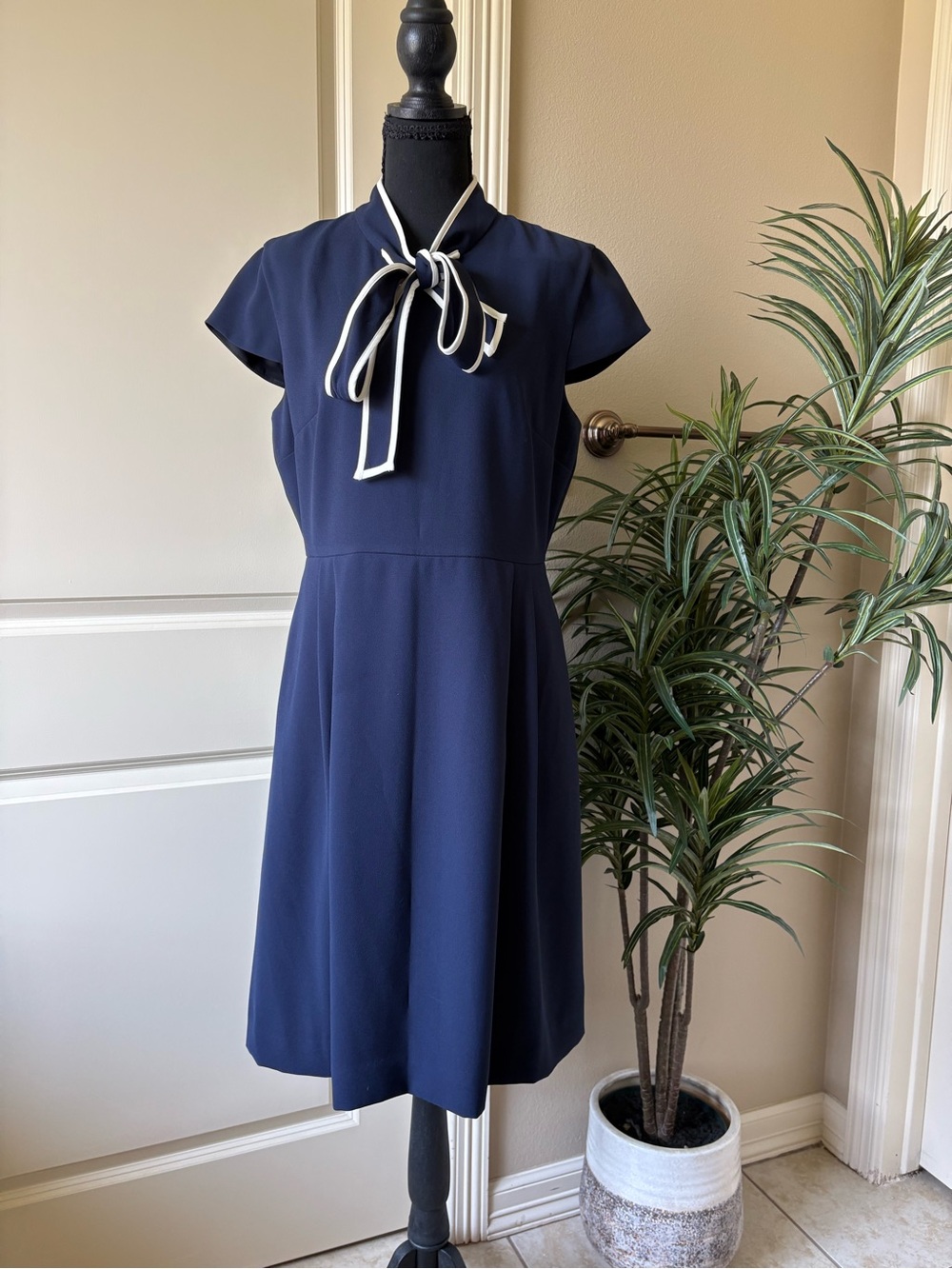J. Crew Navy Dress with White-Trim Bow Neck Size 10
